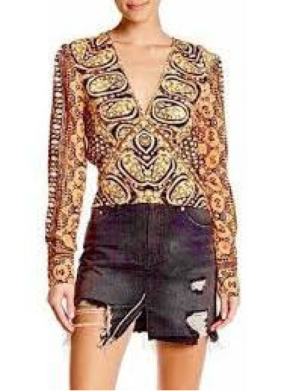 Free People Deep V-Neck Long Sleeve boho Paisley Top - Picture 2 of 6